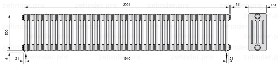 Схема (чертеж) Радиатор Zehnder Charleston 5050/44 №5310 Белый глянцевый RAL 9016